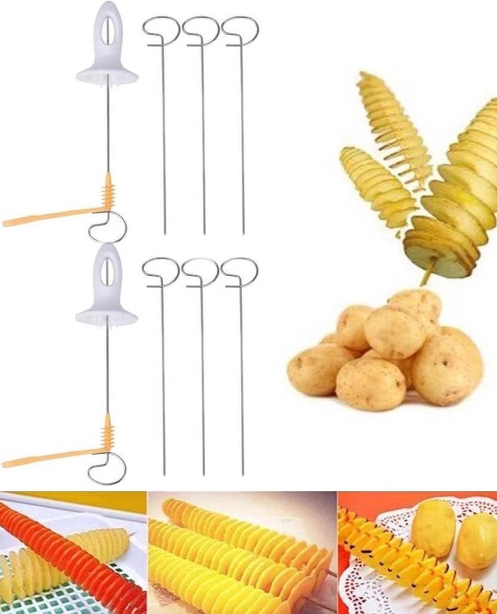 Spiraalsnijder voor Aardappelen en Groenten - Geschikt voor Fruit, Komkommers en Wortelen, Inclusief 4 RVS Spiesjes, Wit/Geel