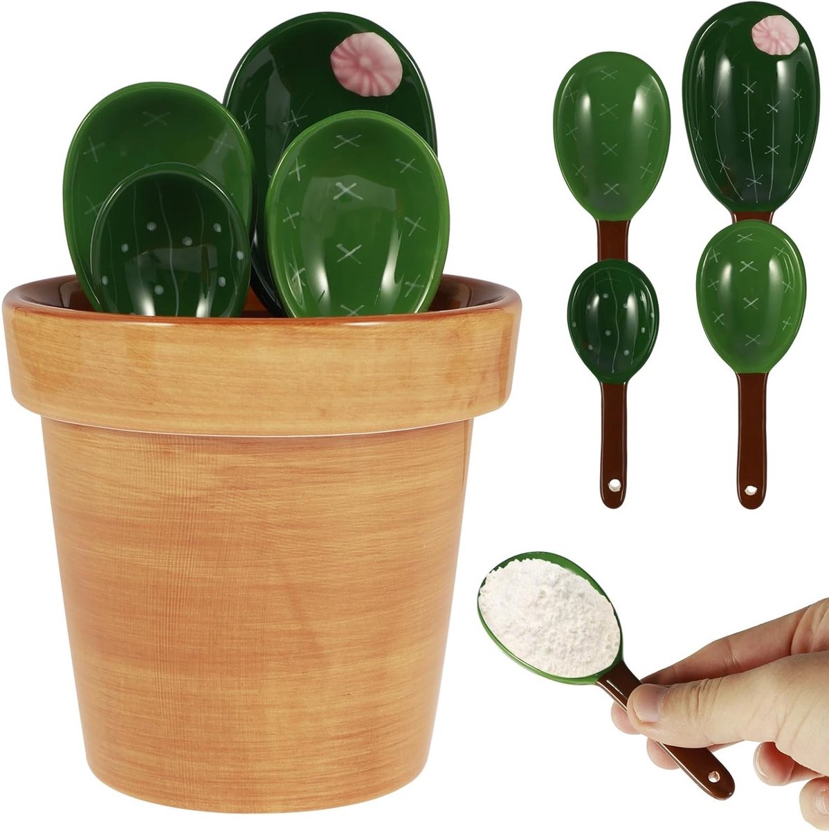 Set van 5 Maatlepels met Pot Organizer, Keramische Cactus Maatlepels voor Keuken, Ideaal voor Vloeibare en Droge Ingrediënten zoals Zout en Suiker