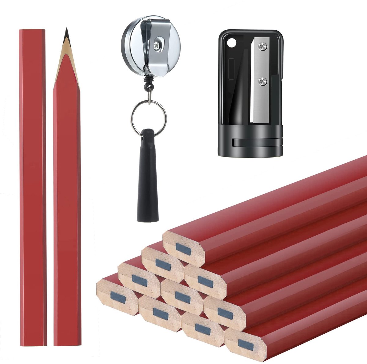 Dailygoody - Timmerman Markering Potloden - Houtbewerking Gereedschap - 12 Stuks - Rood - Puntenslijper en Intrekbare Penhouder - Geschikt voor Profes