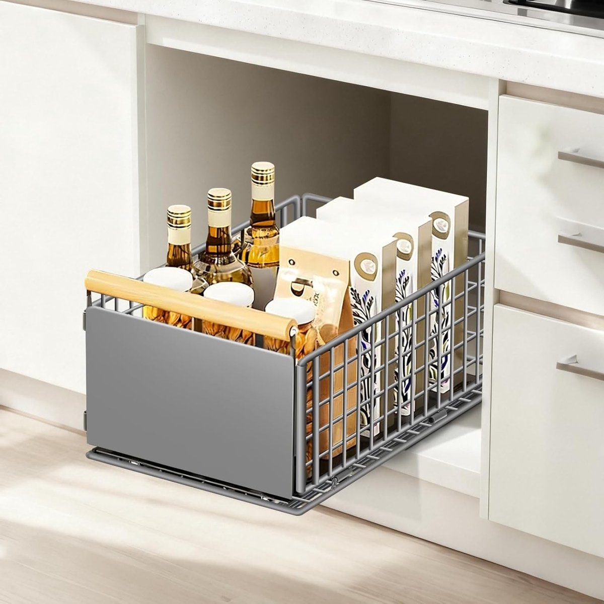 Uittrekbare Keukenlade, Telescopisch Systeem met Volledige Uittrekbaarheid, Geen Boren Nodig, Tot 25kg, Organizer voor Diepe Kasten, Grijs, 39.5x23.5x19cm, Ruimtebesparend en Functioneel