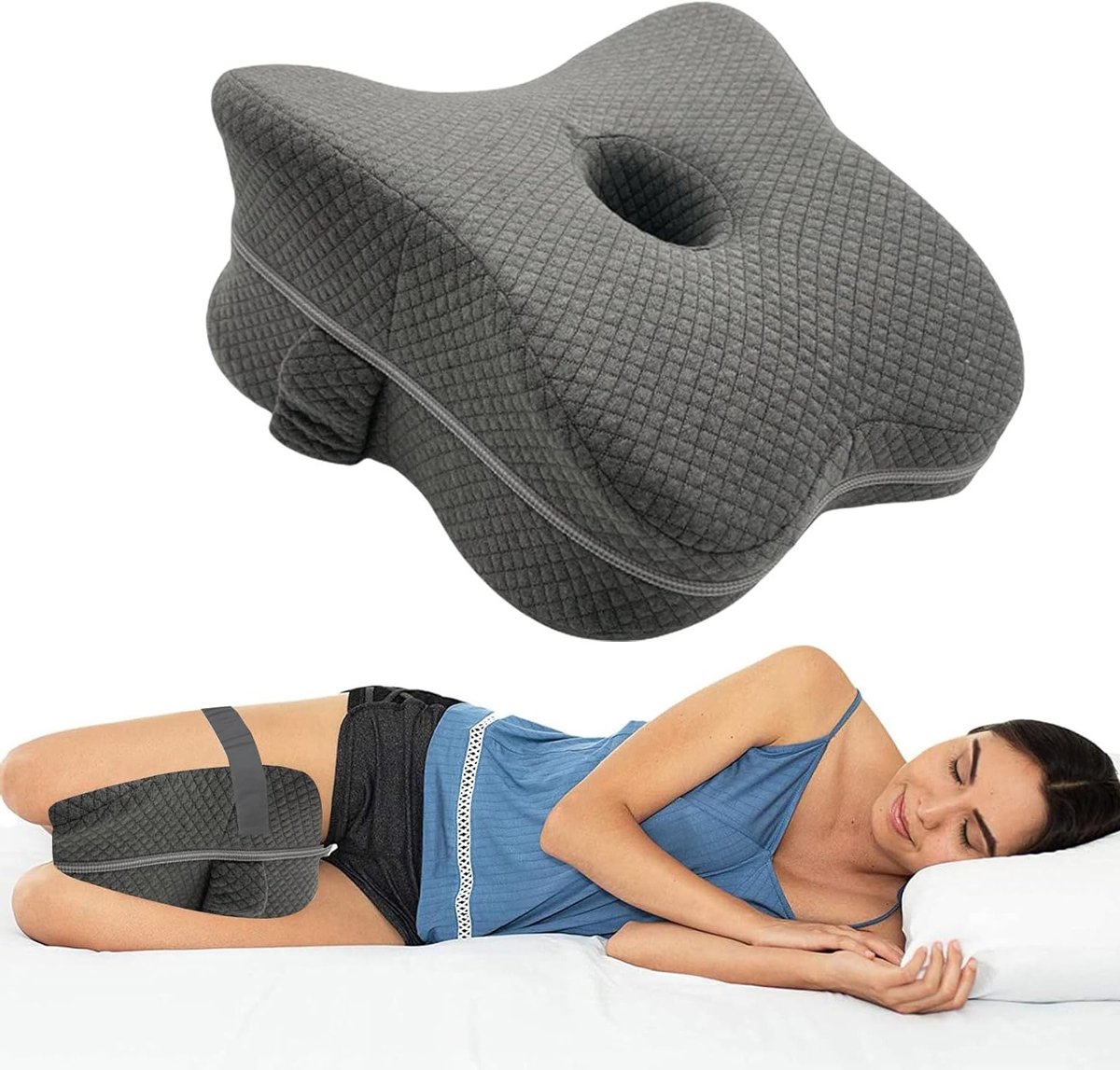 Kussen voor zijslapers - Beensteun kussen - Comfortabel slapen - Ergonomisch geheugenschuim - Standaard maat - Grijs