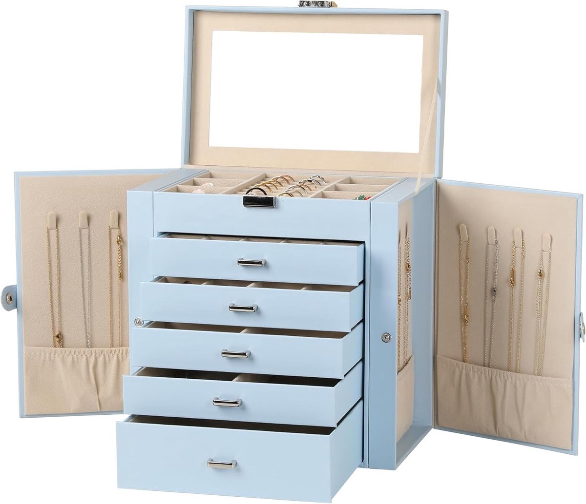 Grote Sieradenbox van Kunstleer met Slot, Multifunctionele Opbergruimte met Spiegel en 5 Lades voor Kettingen en Armbanden, Perfect voor Accessoires en Organisatie