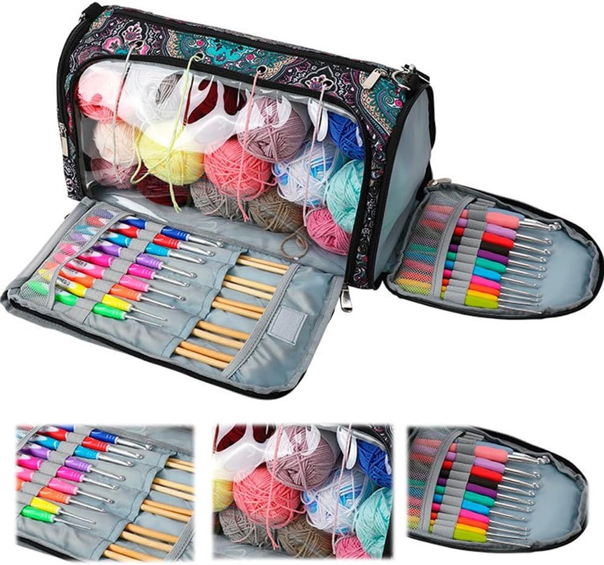 Knitting Bag met Haakjes en Draad - Opbergzak voor Breiwerk, Wol en Projecten - Zwart