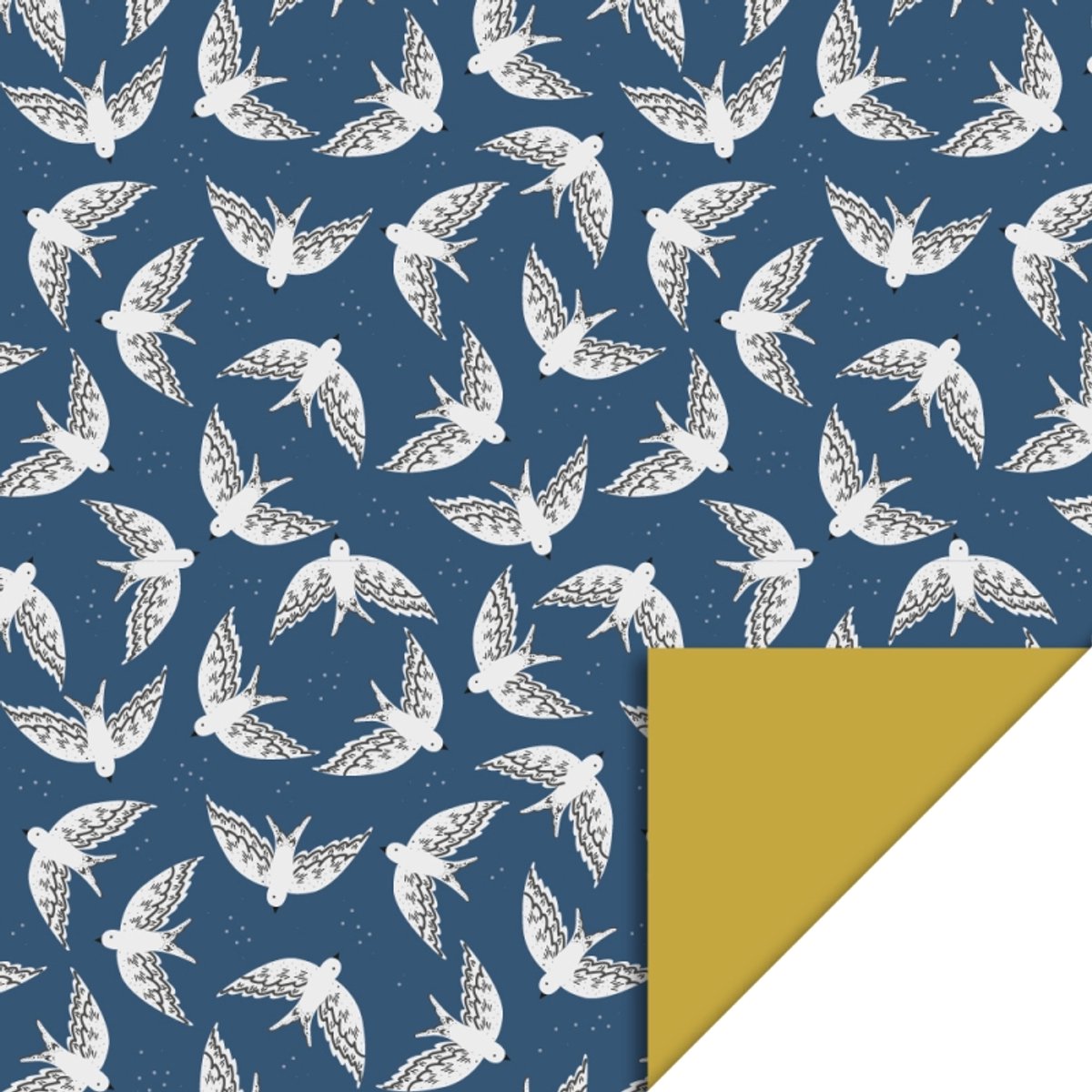 Cadeaupapier 70x300 cm - Birds Midnight Blue - Retro Yellow - 2 stuks