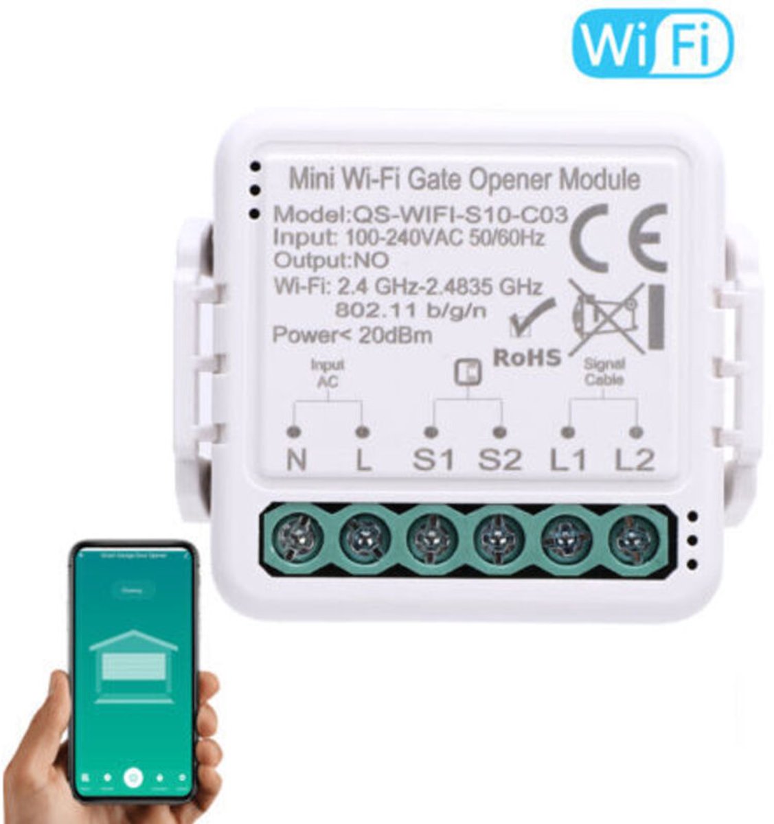Slimme wifi-module voor het openen van garagedeuren - ondersteunt de geschikt voorGraffiti-app, spraakbediening (geschikt voorGoogle Home), timers en het delen van apparaten.