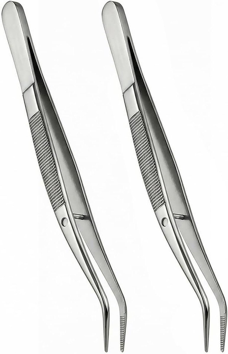 Gebogen Pincetten Set - Gekartelde Punt - Precisie Werk - Roestvrij Staal - 2 Stuks - Zilver