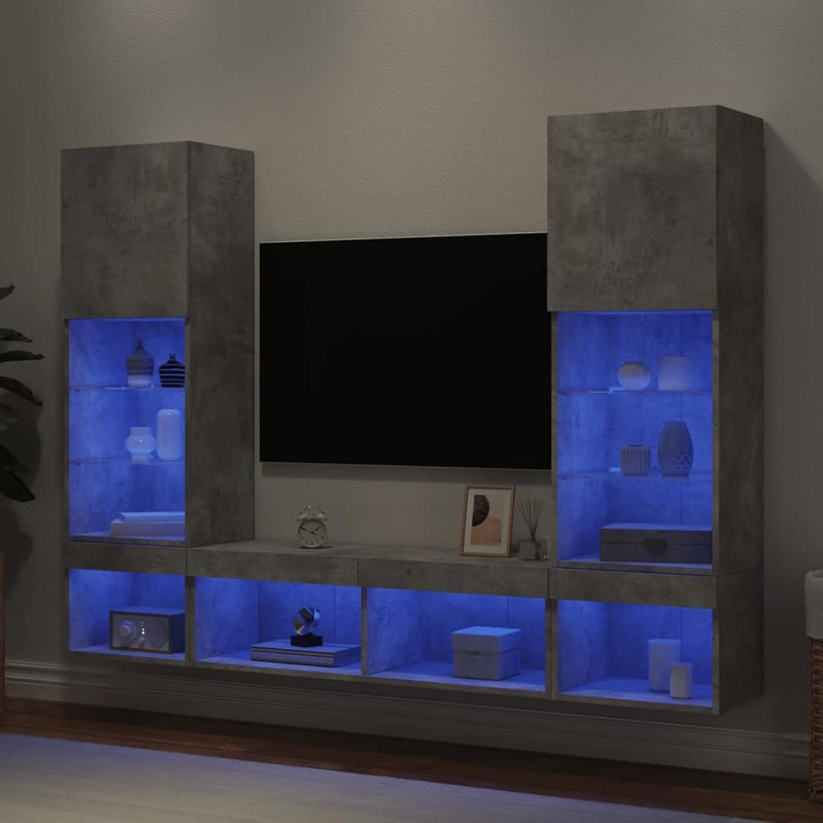 Wandmeubel Set - TV Kast - Woonkamer Inrichten - Met RGB Verlichting - 40.5 x 30 x 102 cm - Betongrijs