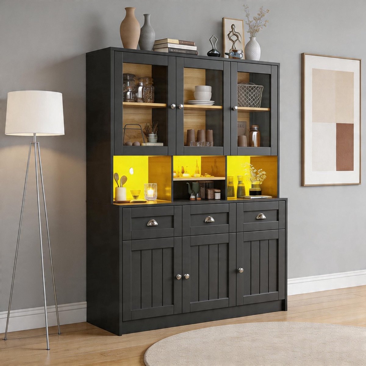 Komhtom - Hoge keukenkast en buffet - 140×40×175 cm - Vitrinekast met verstelbare planken - Dressoir met LED-verlichting en variabele lichtkleuren - Wit/Zwart