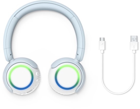 Lichtblauwe Philips koptelefoon met witte oorschelpen, verlichte cirkels en USB-kabel, op zwarte achtergrond
