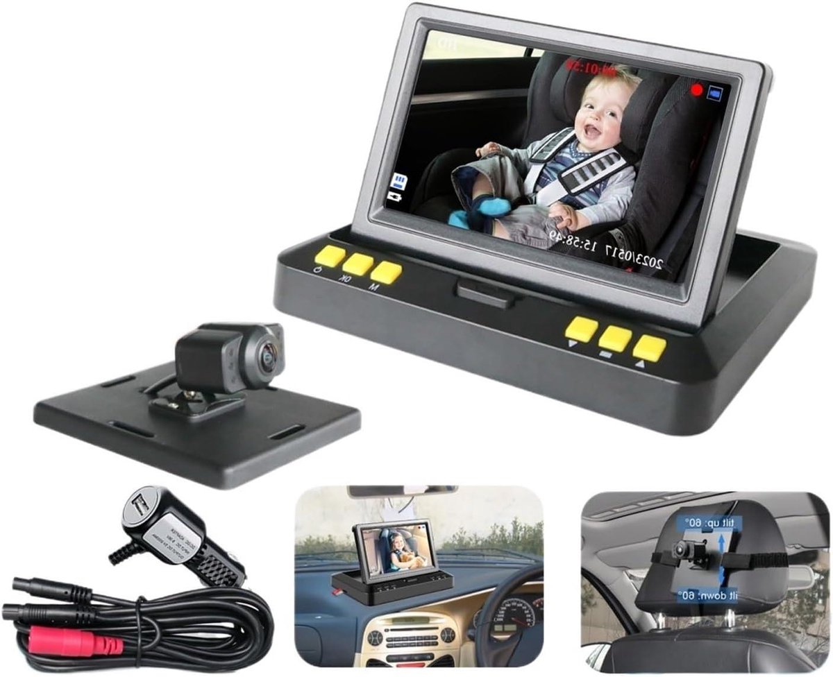 Babyfoon Auto Camera - Baby Monitor Achterbank - Veilig Rijden - Breed Zicht Nachtzicht - 43 inch - Zwart