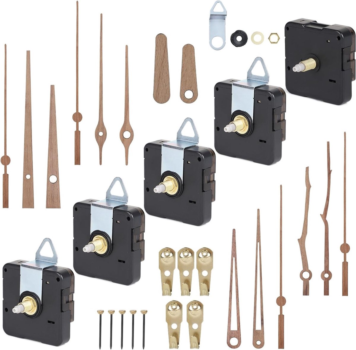 Stil kwartsuurwerk set van 5 wandklok uurwerken (20 mm as) – inclusief houten wijzers, geschikt voor klokplaten 7–9 mm dik – perfect voor DIY klokken en decoratie, batterijen niet inbegrepen