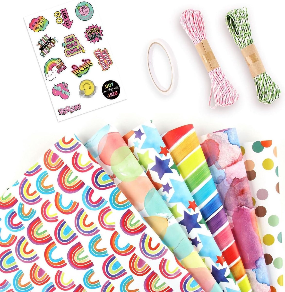 Verjaardags inpakpapier set met linten en labels, 6 stuks 70x50 cm, ideaal voor kinderfeestjes en cadeauverpakking