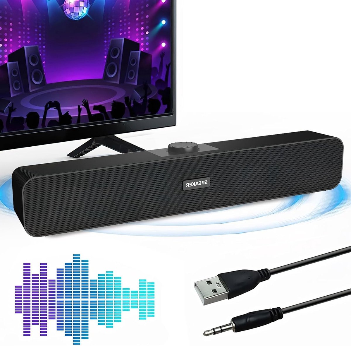 Kleine PC luidspreker met HiFi stereo geluid, USB-aansluiting voor laptop, monitor en gameconsole, zwart