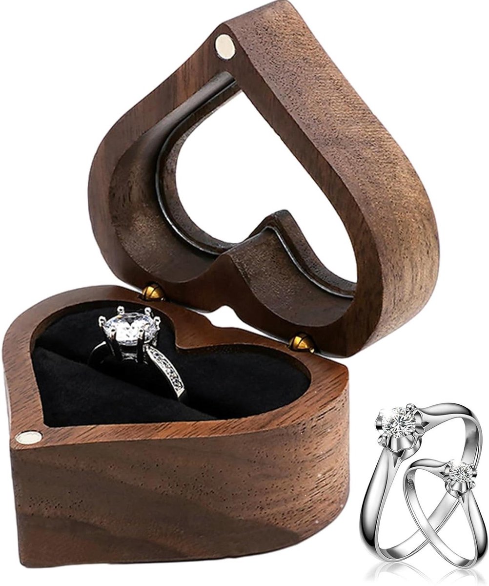 Houten Ringendoos Hart - Juwelendoosje Presentatie - Sieraden Presenteren - Met Zichtvenster - 6.5 x 6 x 3.5 cm - Zwart