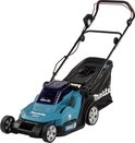 Turquoise Makita grasmaaier met zwarte handgrepen, wielen en opvangzak. 430mm aanduiding.
