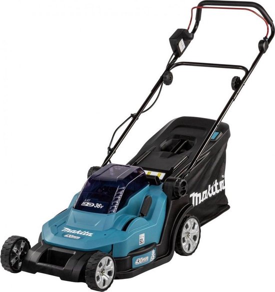 Turquoise Makita grasmaaier met zwarte handgrepen, wielen en opvangzak. 430mm aanduiding.