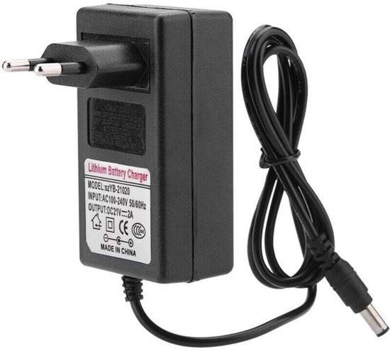 Lithium-ion acculader voedingsadapter, AC 100-240V DC 21V 2A veilige laadadapter (EU).