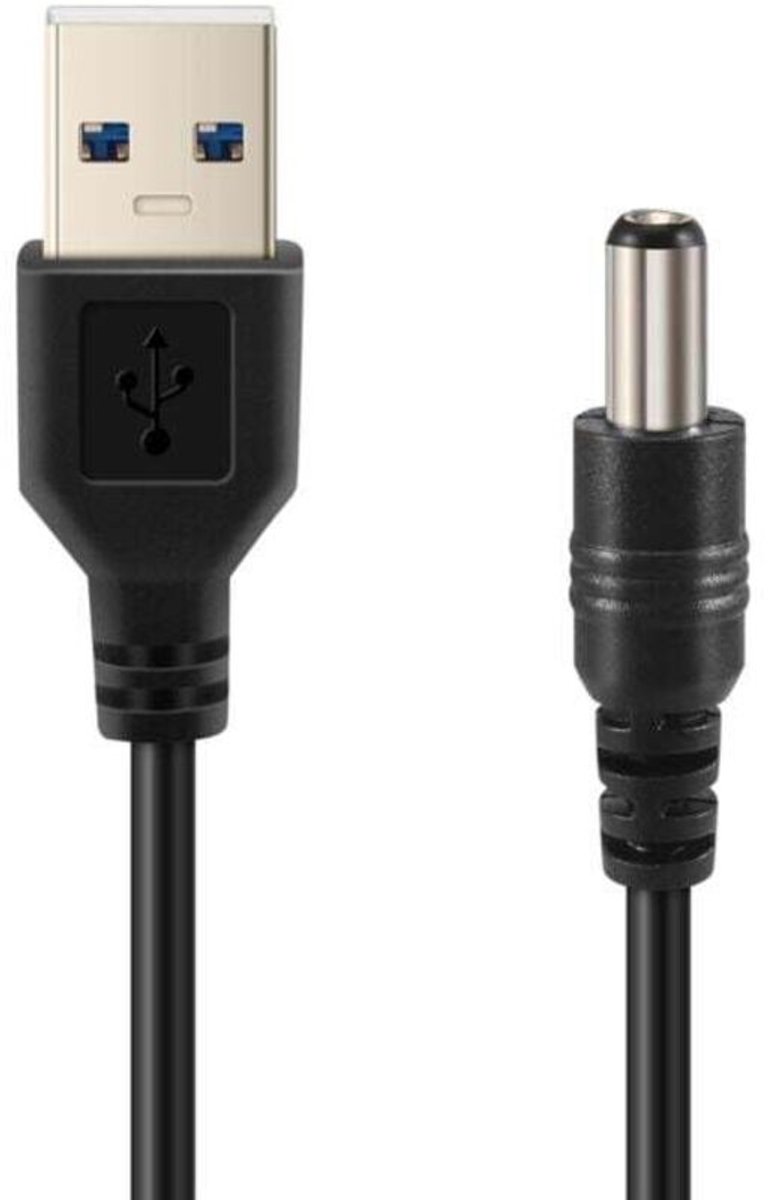 5V DC USB-voedingskabel met 5,5 mm/2,1 mm stekker, zwart, 75 cm lang.