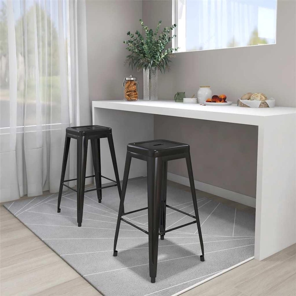 Barkrukken Set - Keukenstoelen Bar - Aanrecht Zwart - Stapelbaar Metaal - 43x43x77cm