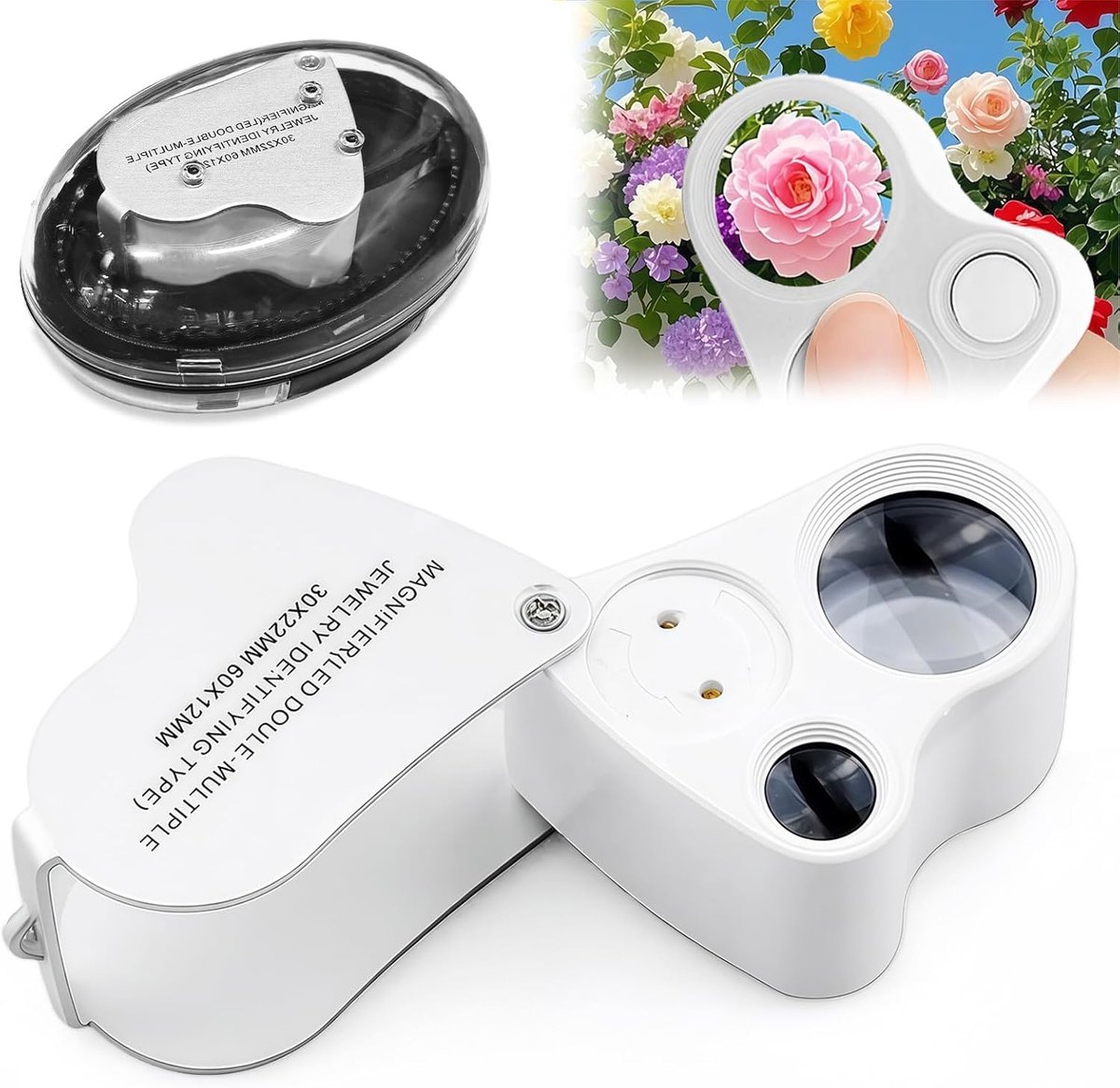 carmdering - Juwelier Lupe - Vergrootglas Voor Sieraden - Dubbele Lens Loupe - 30X En 60X Vergroting - Dual LED Verlichting - Metaal Constructie - Draagbaar Design - Ideale Inspectie Tool - 1 Stuk-Wit