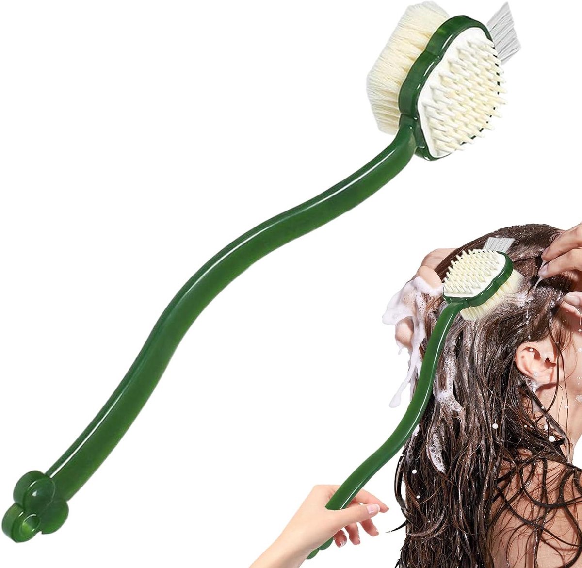 Rugborstel Douche - Badborstel Lange - Huid Reinigen - Driezijdige Kop - 38 cm - Groen Wit