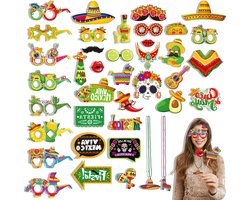SnelShoppen - Mexican Fiesta Photo Props Set - 40 Stuks met Papieren Brillen en Kralenkettingen - Leuk voor Carnaval en Cinco de Mayo Feestdecoratie