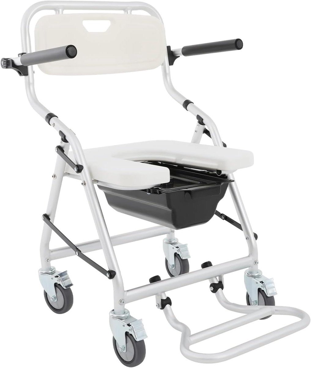 Opvouwbare Toiletstoel - Douchestoel Rolstoel - Veilige Zelfstandigheid - Opklapbare Armleuningen - 150 kg - Zilver Wit