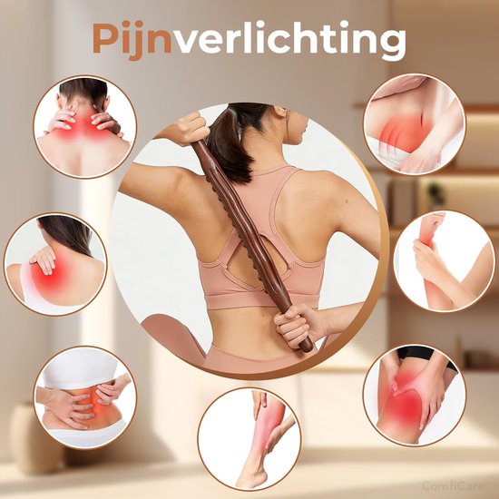Een vrouw gebruikt een houten massage roller op haar rug, omringd door illustraties van pijnverlichting op nek, schouders, armen, rug, benen en knieën.