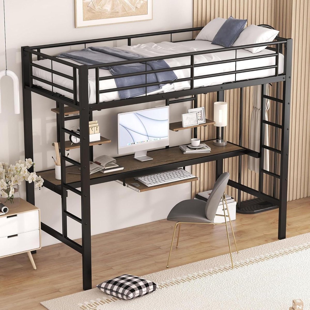 Stapelbed met bureau - Hoogslaper kind - Ruimte besparen - Met opbergvakken - 200x90 cm - Zwart