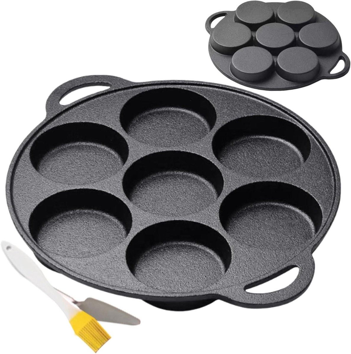 Gietijzeren Platte Pan - Ontbijt Pan - Eieren Bakken - 7-Gaats Ontwerp - 255 cm - Zwart