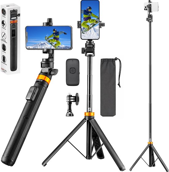 Studio ME selfiestick/statief met telefoon, Bluetooth afstandsbediening, GoPro houder en opbergzakje. De set is compleet en klaar voor gebruik.