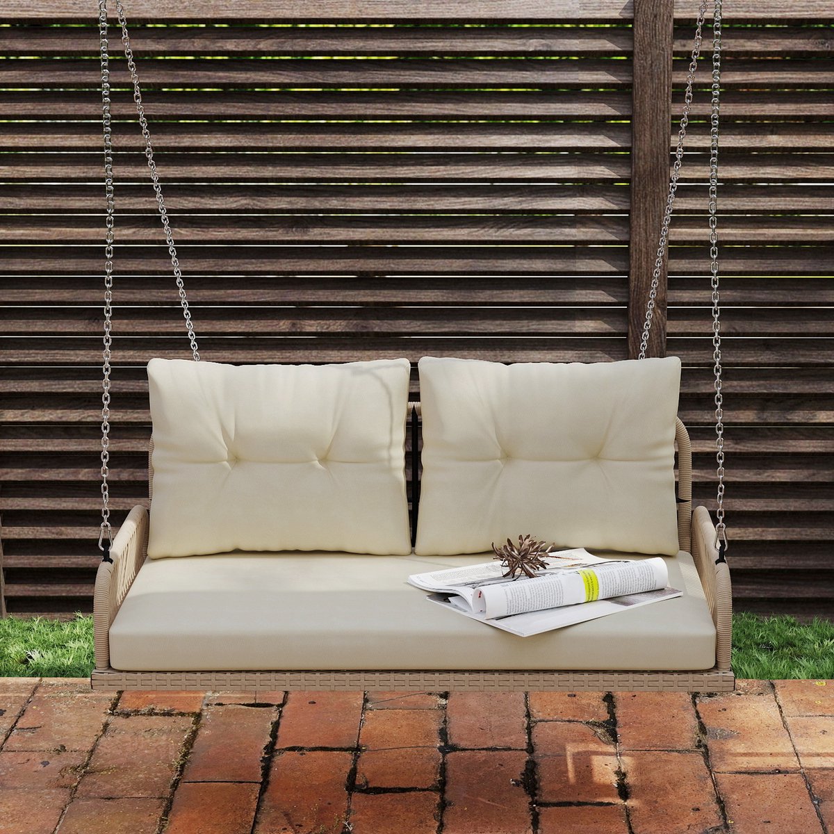 Pugsdrly Hollywood-schommel, 2-zits rotan tuinschommel met kussens, kettingen tot 240 kg, 115 x 66 x 44 cm, beige