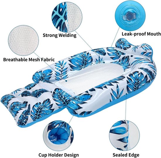 Opblaasbare Zwembad Drijver - Luchtbed Water - Ontspannen Zonnebaden - Met Twee Bekerhouders - 123x77x27cm - Tropisch Bladpatroon — afbeelding 5