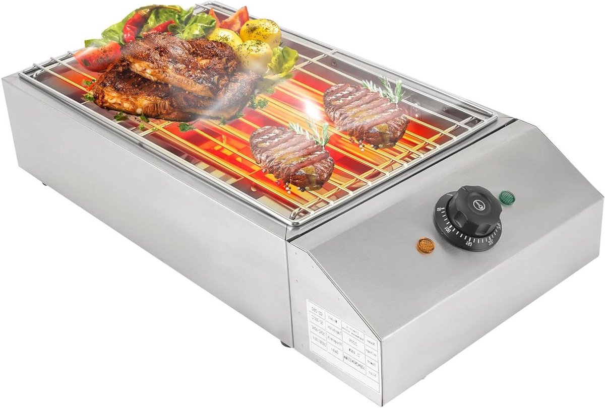 Elektrische Grill - Compacte Barbecue - Buiten Koken - Instelbaar 50-300°C - 25x40 cm - Zilver
