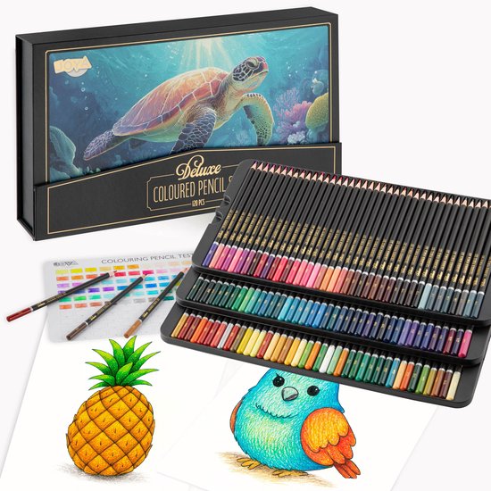 Luxe zwarte doos met een schildpad erop, opengeklapt om 120 kleurpotloden te tonen.