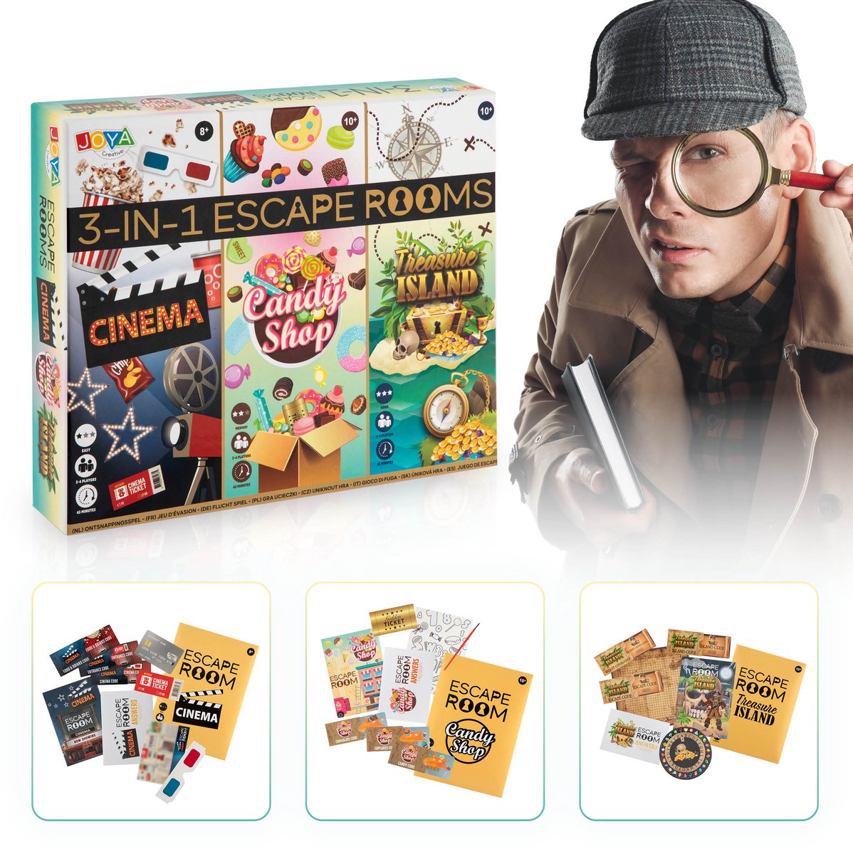 Escape Room Spellen 3in1 - Breinbreker - Geschikt voor hele gezin - 2tot4 spelers - speelduur 45 min per thema - vanaf 8 jaar - Joya Creative