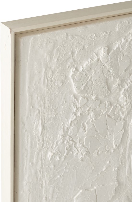Detail van de textuur van een wit, ingelijst schilderij met ruw, gipsachtig oppervlak.