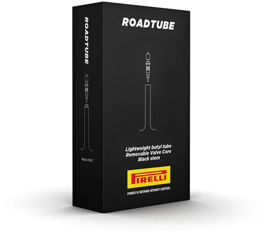 Zwarte Pirelli Roadtube fietsband verpakking met 'ROADTUBE' tekst, Pirelli logo en afbeelding van een ventiel.