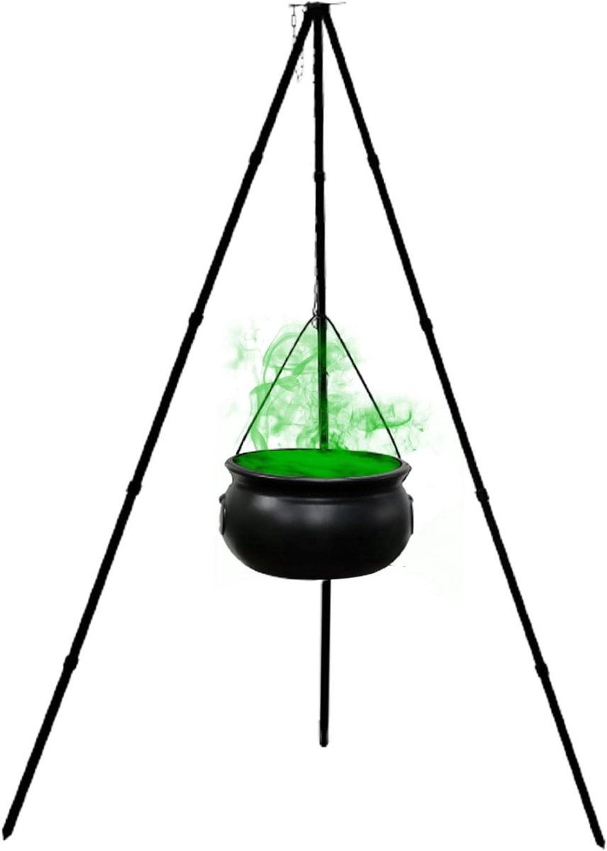 Heksenketel met Statief - Heksenpot Tuindecoratie - Halloween Versieren - Inclusief Groene Lichten - 130 cm Hoog - Zwart