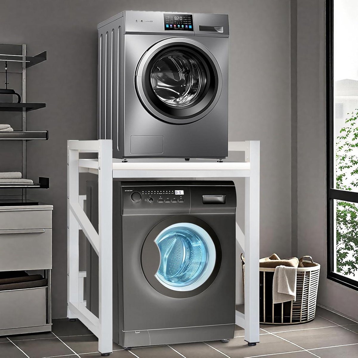 Wasmachine Rek - Droger Stapelaar - Ruimte Besparen - 3-Traps Hoogte Verstelbaar - 300 kg Capaciteit - Wit