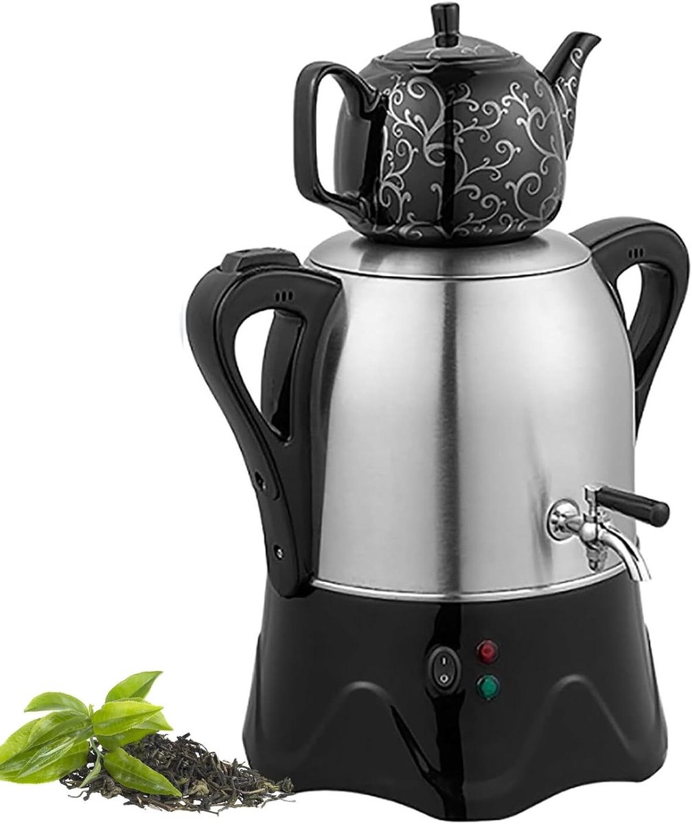 Turkse Theemaker - Samovar Waterkoker - Thee Zetten - Dubbele Ketel - 3L + 1L - Zwart