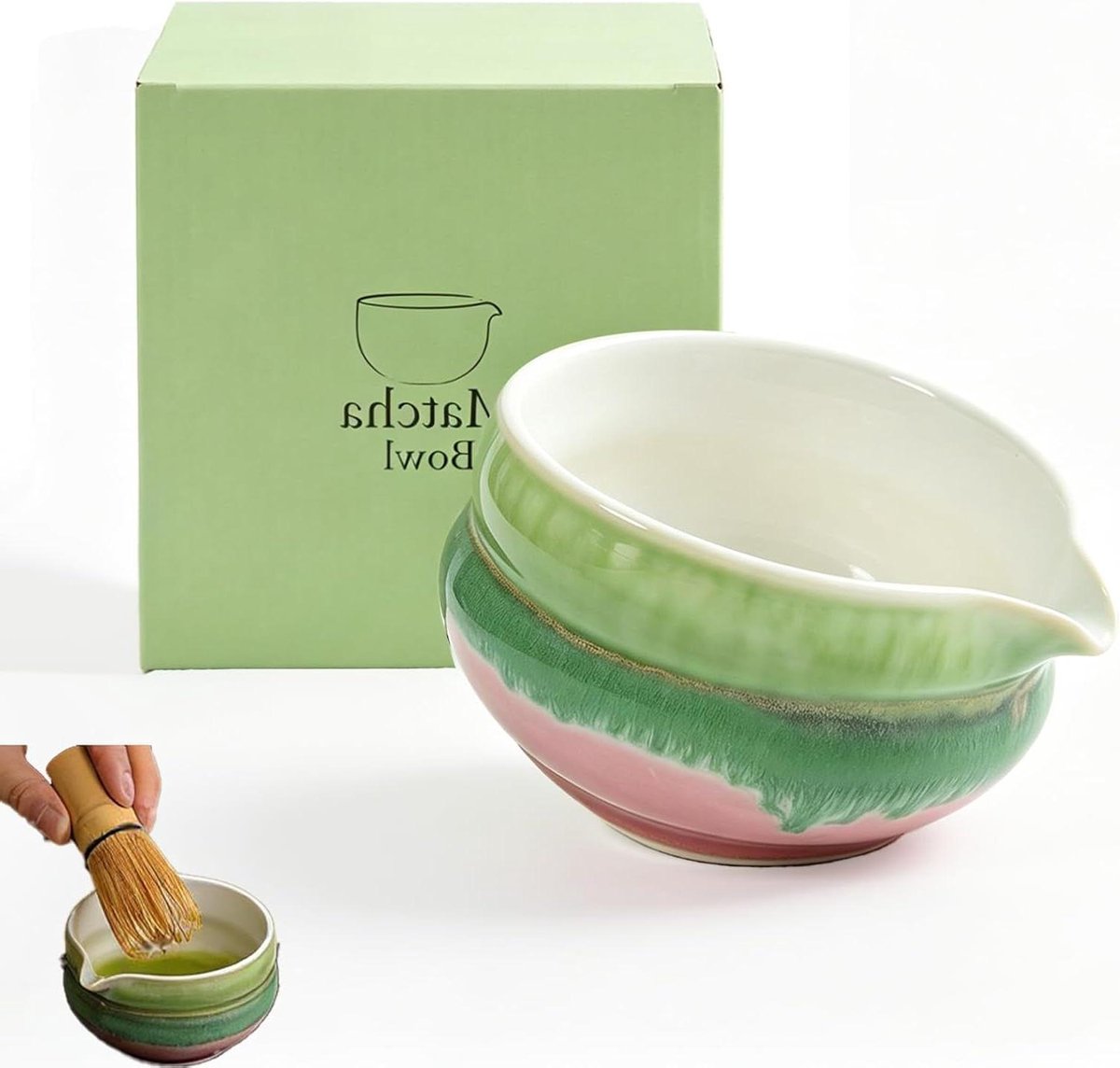 Matcha Kom - Theekom Chawan - Matcha Bereiden - Handgemaakt Aquarel Design - 500 ml - Roze Groen