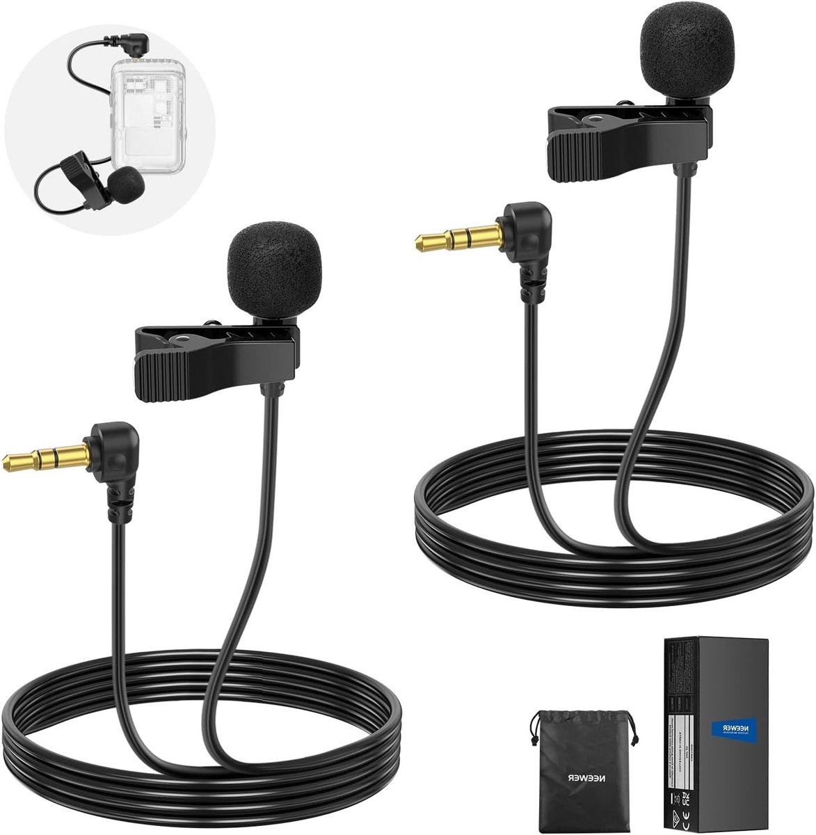 Mini Lavalier Microfoon Set van 2 Stuks, 2m Clip-On Bedrade Condensator Lapel Mic met 3.5mm TRS Aansluiting voor DJI Mic 2 en Wireless Go II, Geschikt voor Camera's en Smartphones