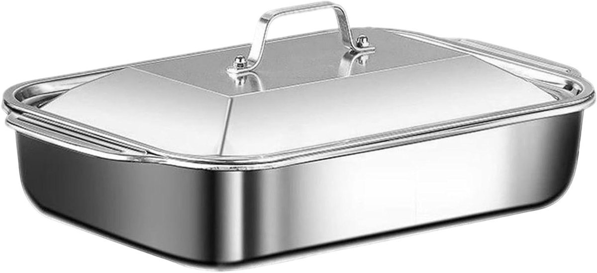 Ovenschaal met deksel - Roestvrij staal - Culinair koken - Gelijkmatige warmteverdeling - 46.5 x 28.5 cm - Zilver