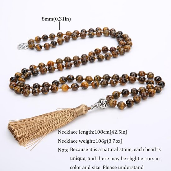 Mala Ketting - Gebedskralen Japa - Meditatie Yoga - Natuursteen 108 Kralen - 44 inch - Tijgeroog — afbeelding 3
