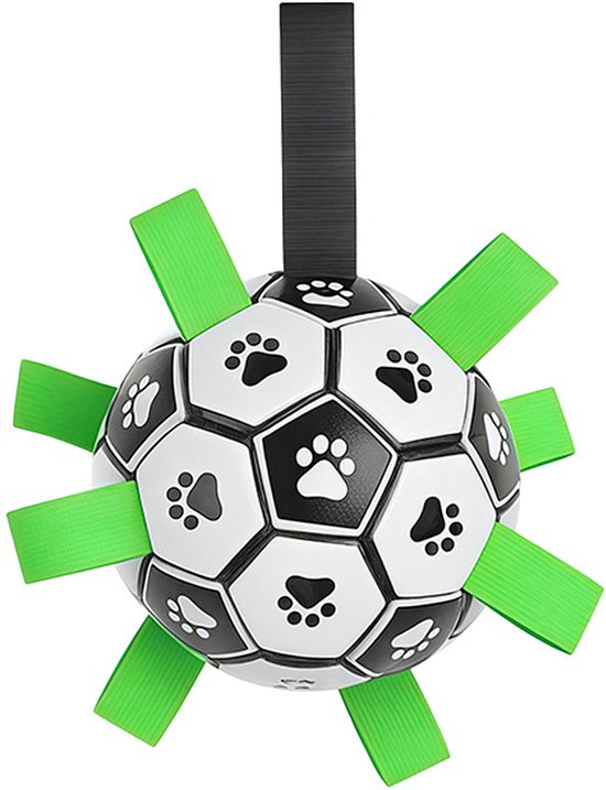 Voetbal speelgoed voor honden, zwart-wit met pootafdrukken en acht groene lussen, hangt aan een zwarte lus.