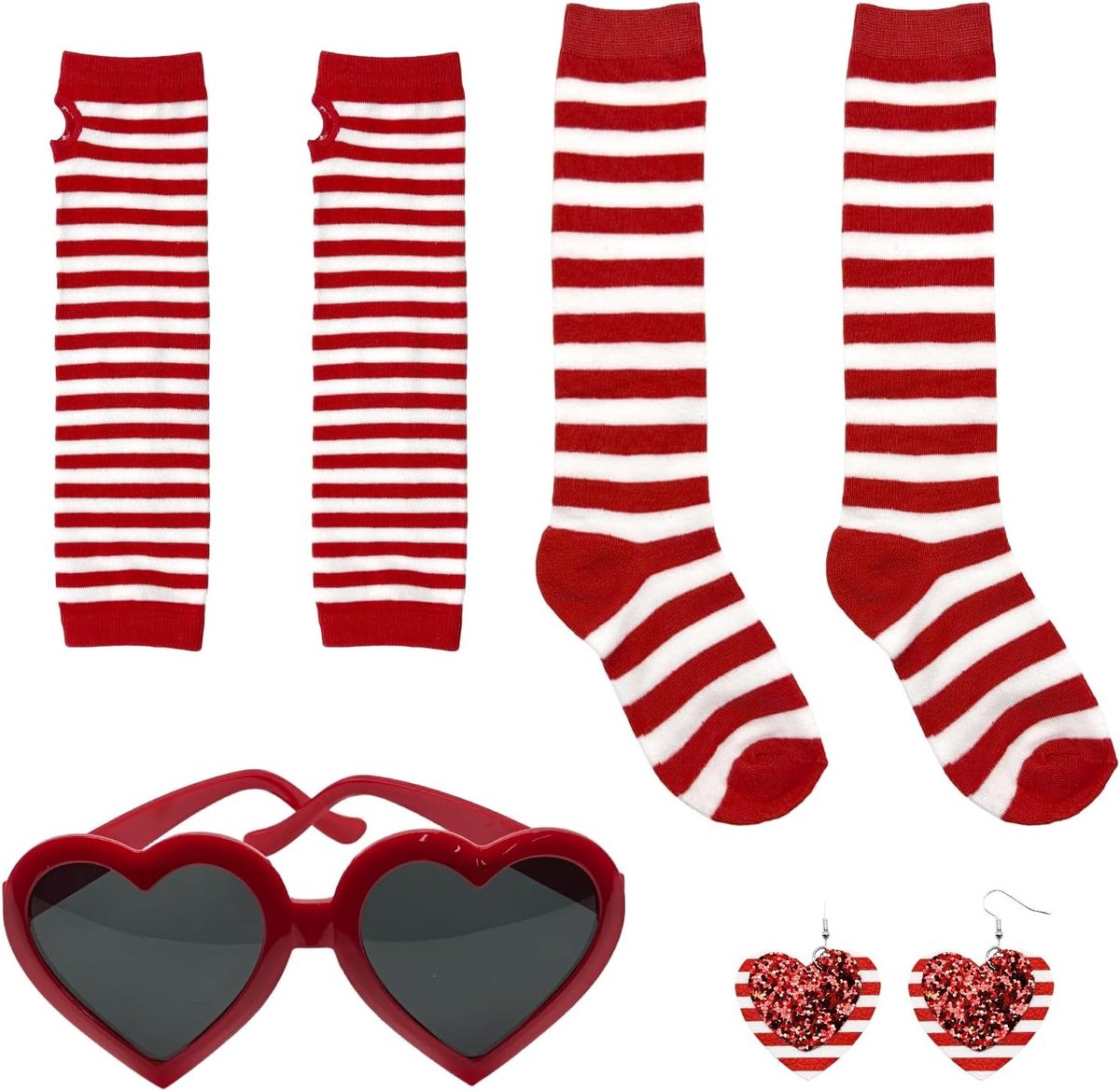 4-delige kostuumaccessoires set voor carnaval met gestreepte armhoezen, sokken, hartoorbellen en brillen, perfect voor feesten en Valentijnsdag