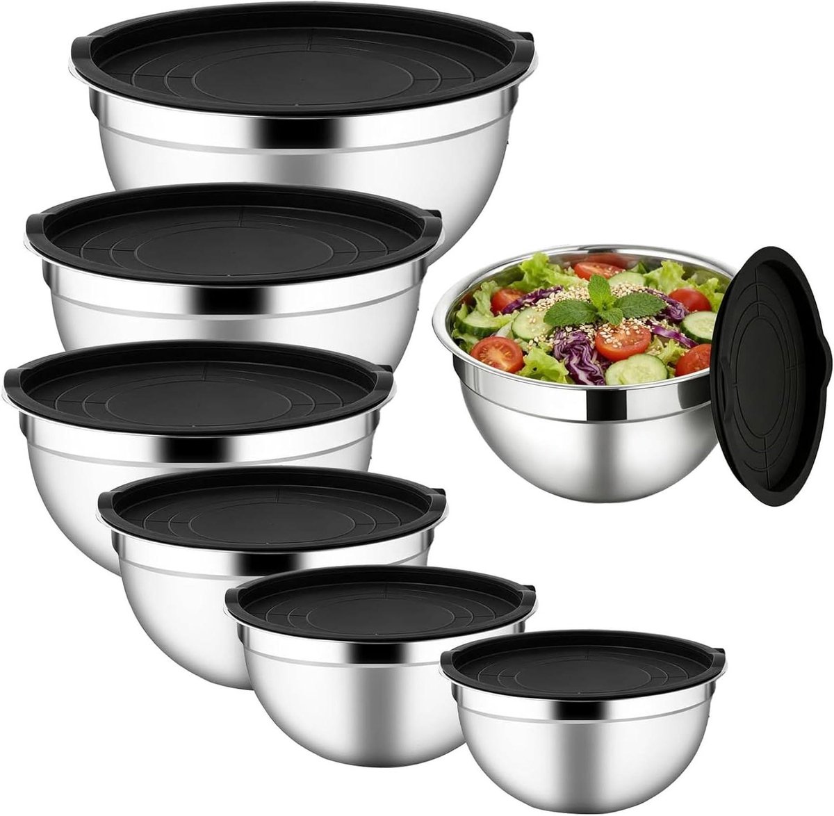 Mengkom Set - Keuken Mengkommen - Maaltijd Voorbereiden - Stapelbaar Antislip - 7 Stuks - Zilver