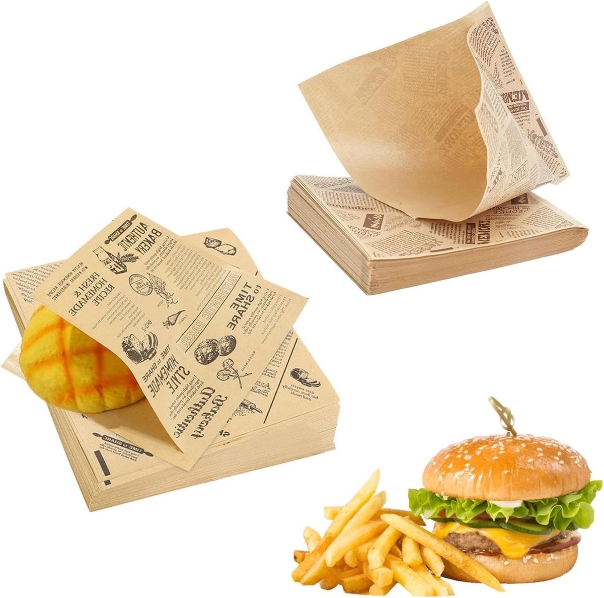 100 Stuks Burgerpapieren 15 x 15 cm voor Snacks, Friet en Broodjes, Wegwerp Bakkerij Verpakking met Twee Ontwerpen, Ideaal voor Catering en Feestjes