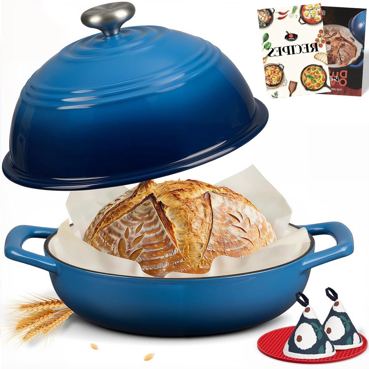 Gietijzeren Broodoven - Hollandse Oven - Zuurdesem Bakken - Geëmailleerd Oppervlak - 6QT Capaciteit - Blauw